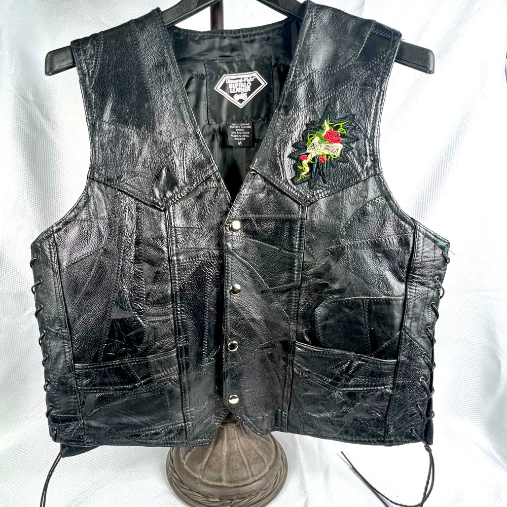 Harley Davidson Leather Black Biker Vest Buffalo Leather Lace-up Rose Patches